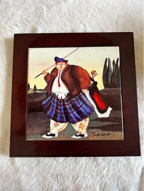 Decorative Wall Tile Plaque with Golfer Illustration in Wooden Frame